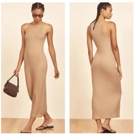Reformation Tan Brown Dress Maje Ribbed Knit Midi Sleeveless Medium - Picture 1 of 9